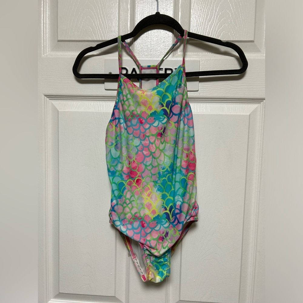Speedo Mermaid Blue, Green, Pink & Purple One Piece Girl’s Swimsuit Size Large